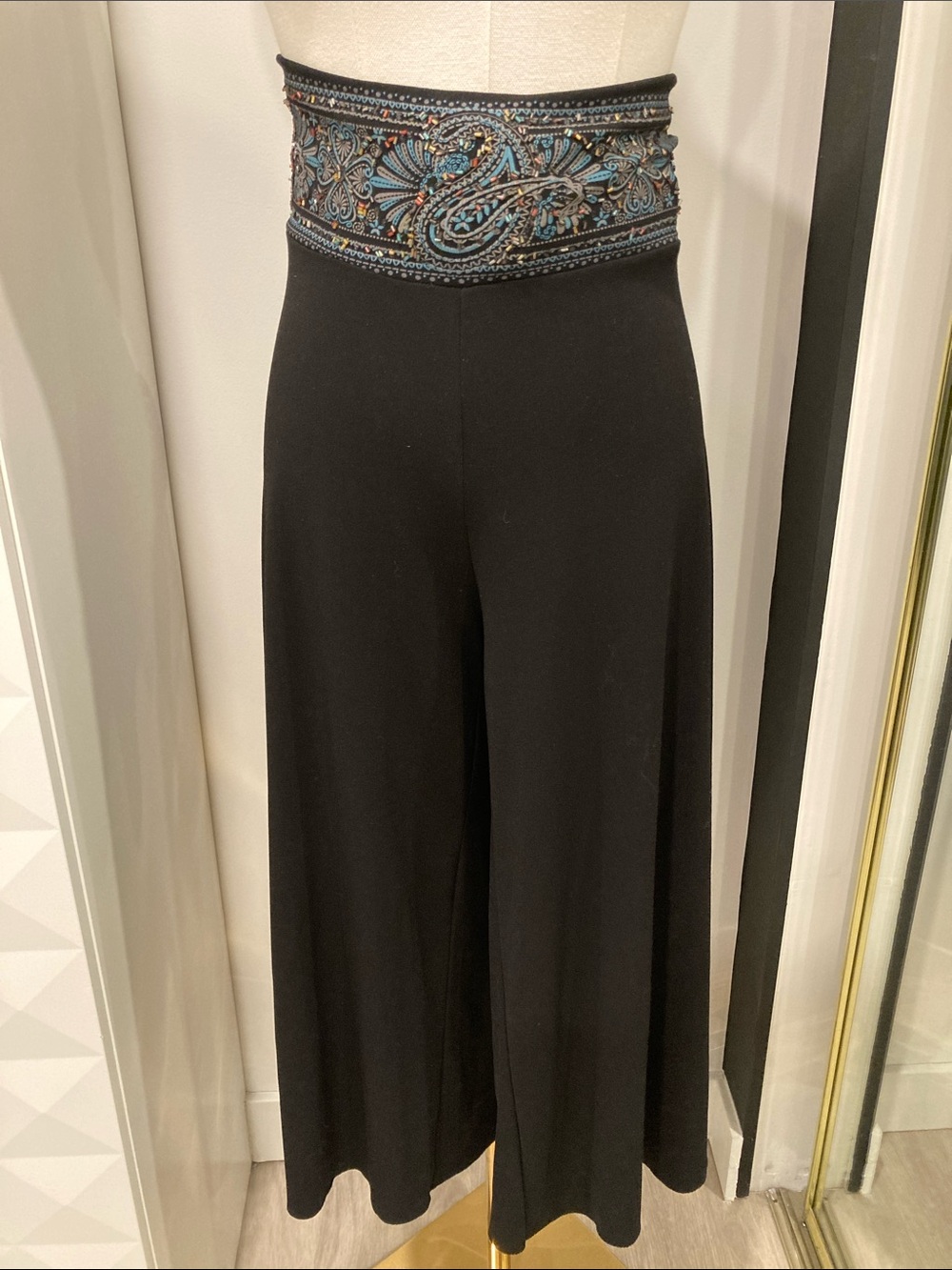Jaipur Black Wide-Leg High-Waist Palazzo Pants Beaded Paisley Waistband